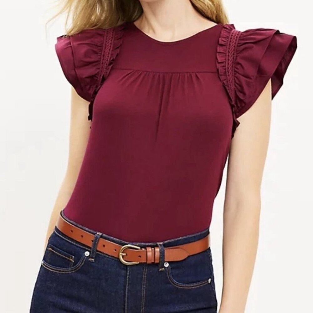 LOFT Tiered Ruffle Mixed Media Top - Magical Plum - Size XL